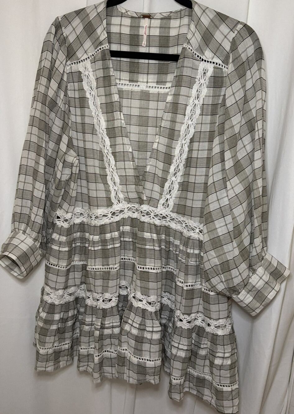 Free People Time Out Lace Tunic Boho Sage Green Black White Large